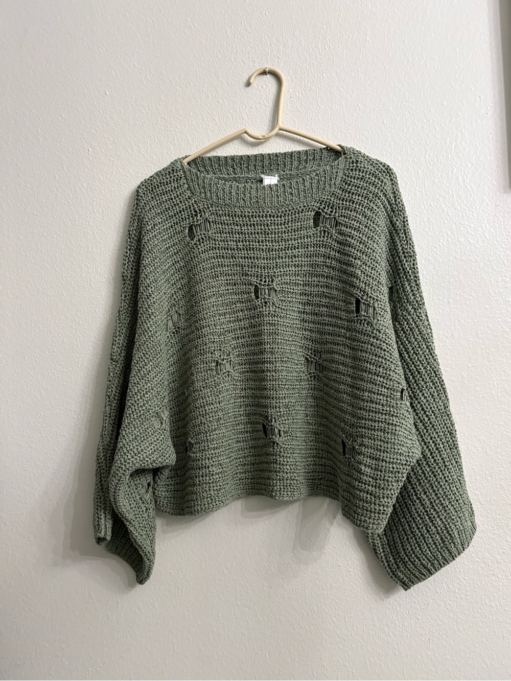 Relaxed Olive Green Distressed Knit Crewneck Sweater - Women